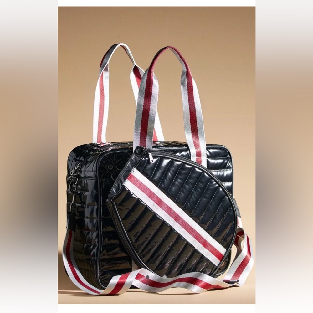 THINK ROYLN Black Quilted Tote with Red & White Striped Strap